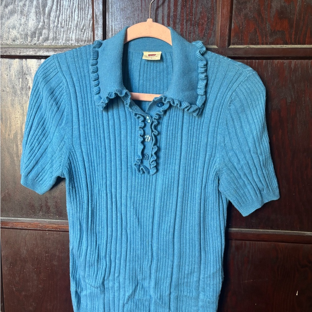 Levi’s Ribbed Knit Polo Top - Blue with ruffle collar S